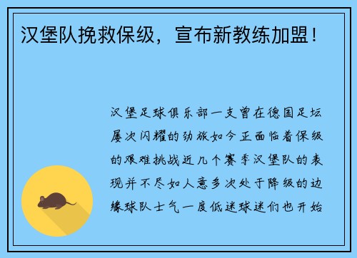 汉堡队挽救保级，宣布新教练加盟！